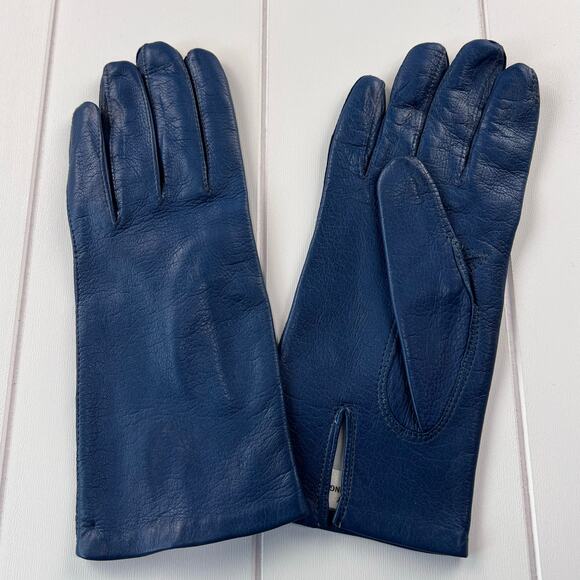 Vintage Italian Navy Blue Leather Gloves Women's size 7.5 WPL 9111 - Picture 1 of 4
